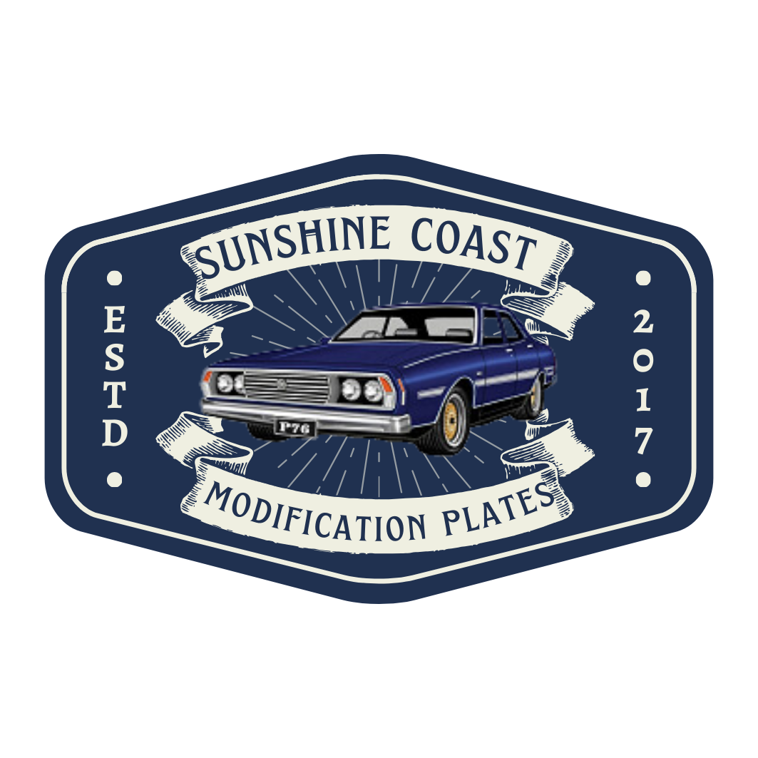 Logo for Sunshine Coast modification plates with a navy badge, the company name, and an image of a cartoon leyland car